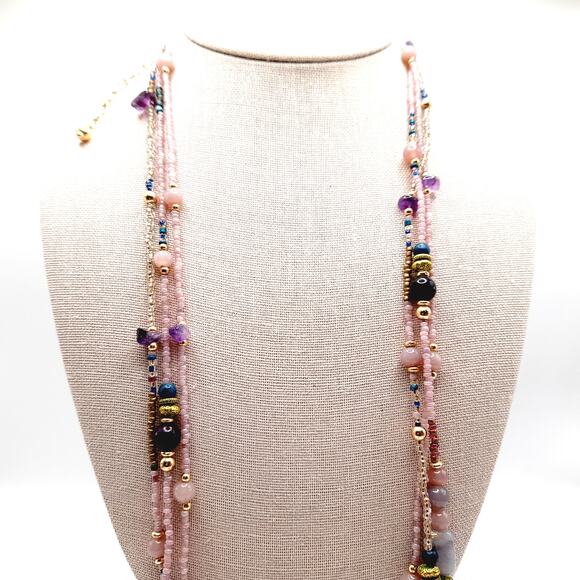 Chico's Bohemian Beaded Pendant Necklace - Amethyst Chips - 36" - 3 Bead Strands - Picture 5 of 12